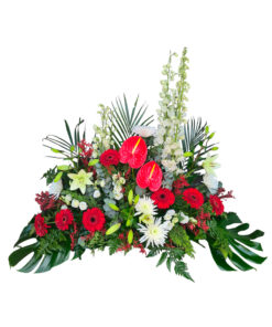 Centro funerario con anthurium rojo, lirios y gerberas