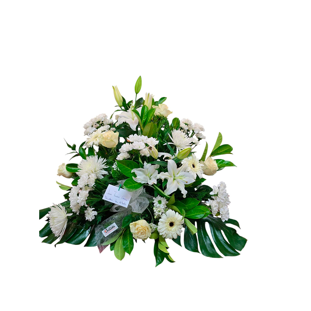 Centro funerario blanco con lilium, rosas y gerberas