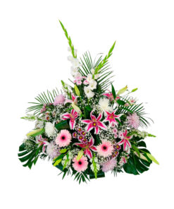 Centro funerario con lilium oriental y gerberas rosas