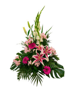 Centro funerario con lilium rosa, gerberas y gladiolos