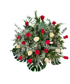 Centro funerario de rosas rojas y blancas con paniculata
