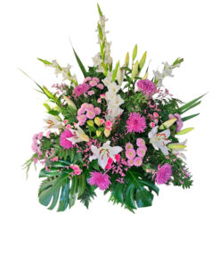 Centro funerario rosa con lilium, gladiolos y crisantemos
