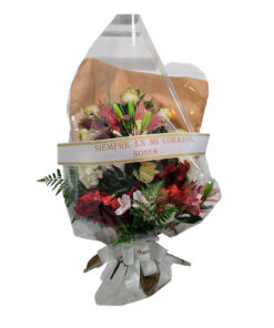 Ramo funerario en tonos rojo, blanco y crema