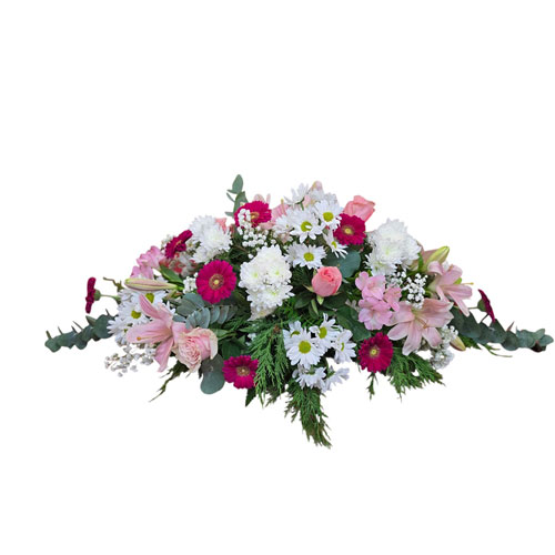 Centro funerario horizontal en tonos rosa y blanco